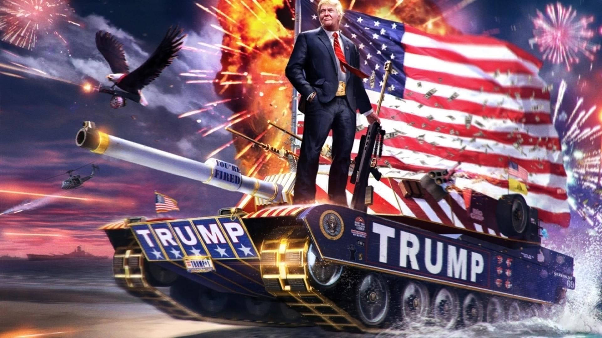 //Image  President Trump Riding in an Iron Man-Style Tank Wallpaper