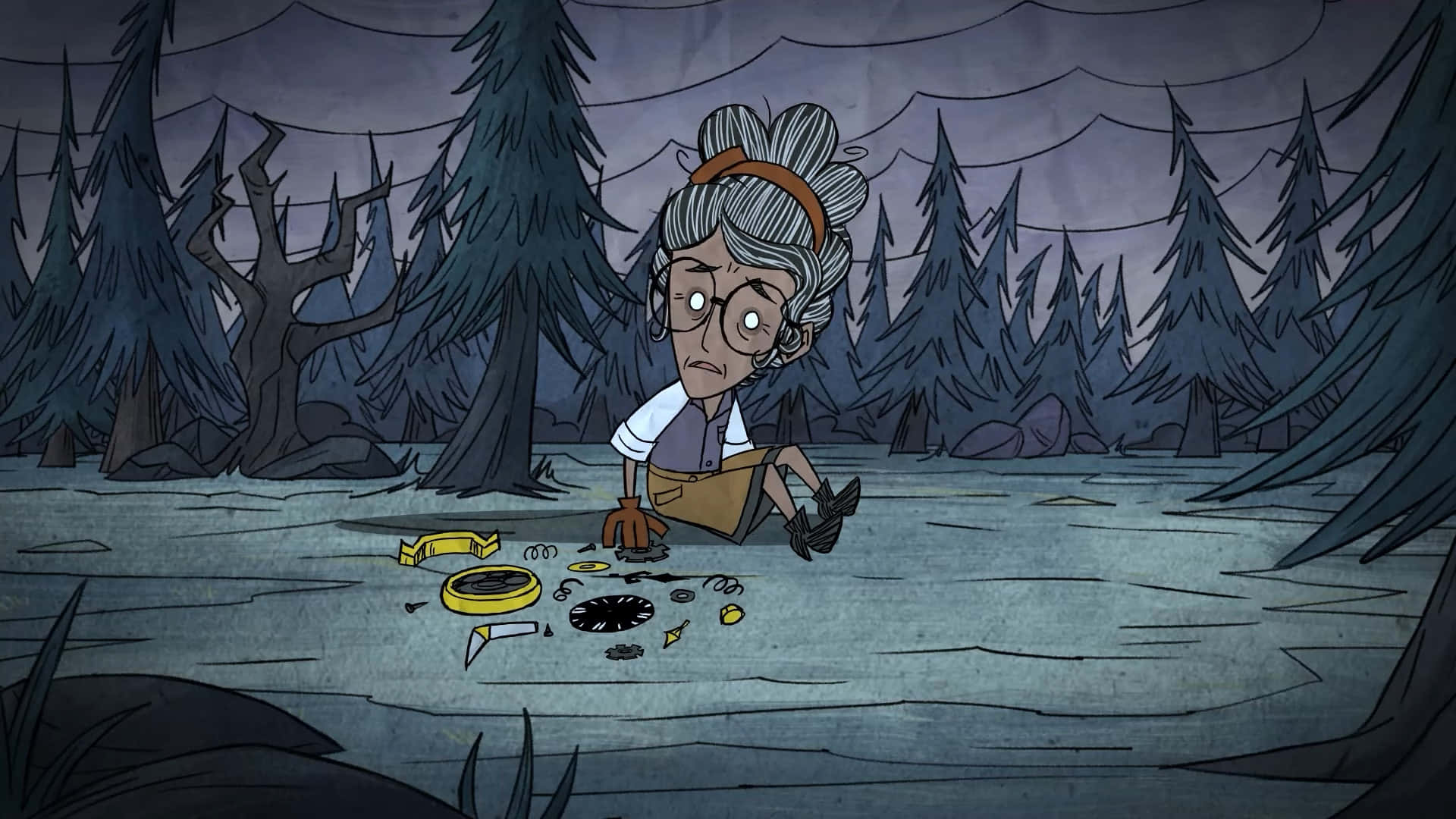 Eincartoon-charakter Sitzt Im Wald Mit Einem Messer. Wallpaper