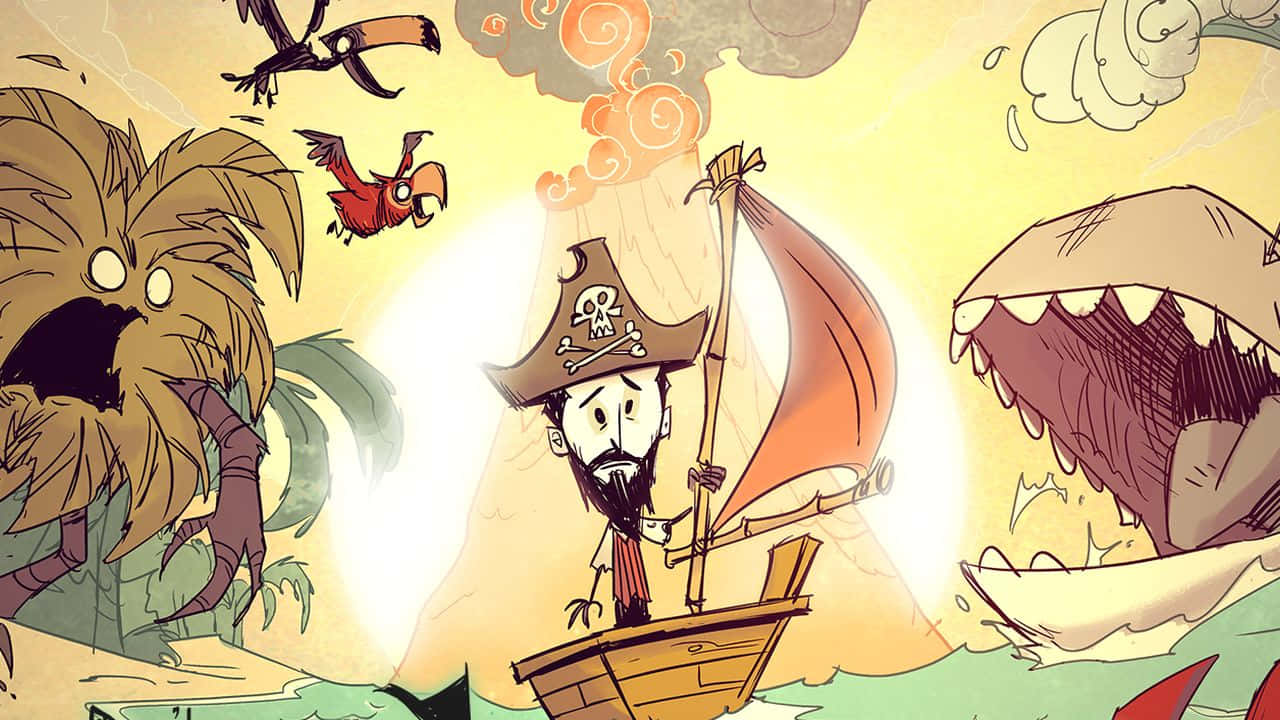Umpersonagem De Desenho Animado Está Em Um Barco Com Um Pirata E Um Tubarão - Como Papel De Parede Para Computador Ou Celular. Papel de Parede