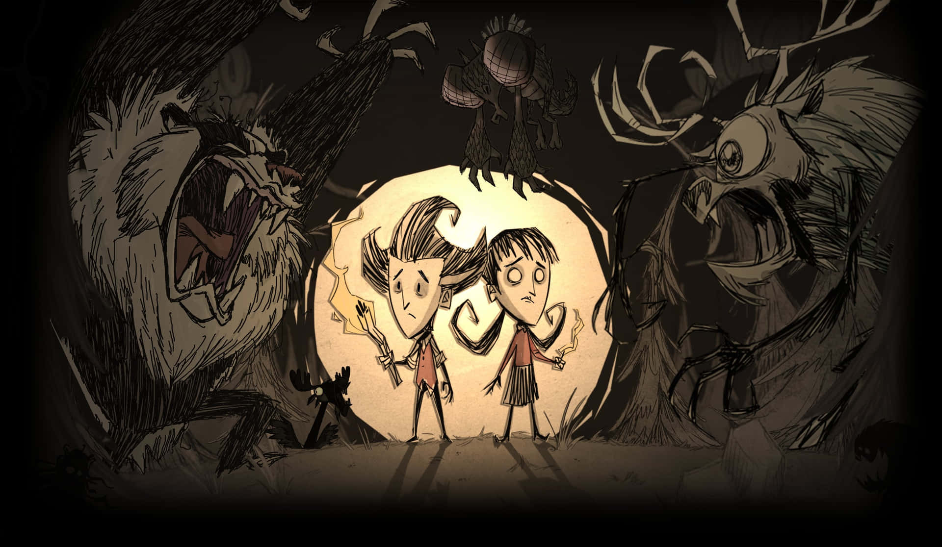 A Cartoon Of Two People In A Dark Forest Wallpaper