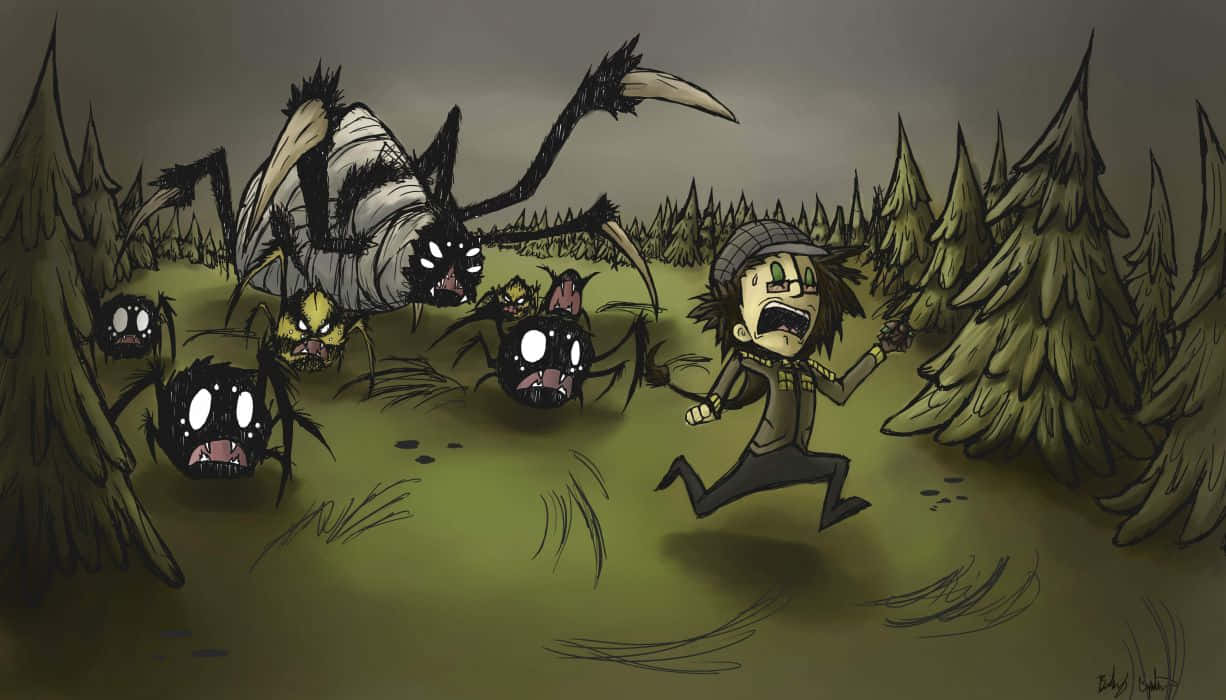 En tegneserie af en mand der løber gennem skoven med et edderkoppespind hængende efter ham. Wallpaper