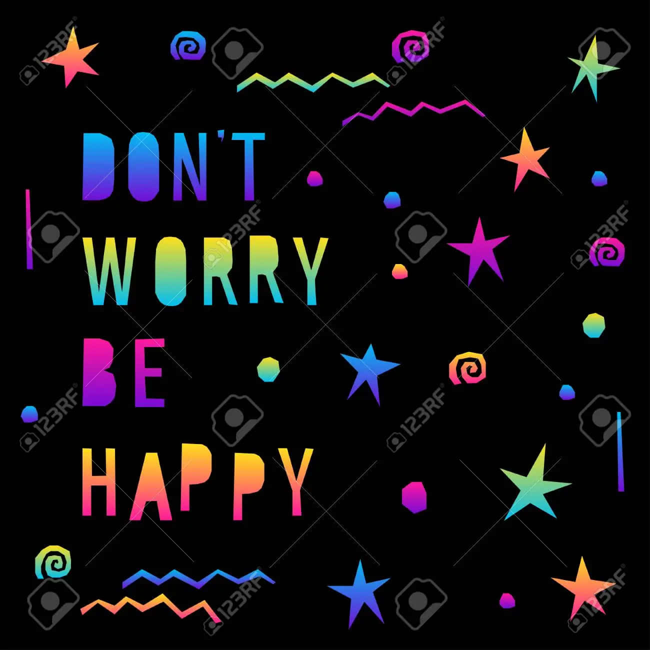 Don't Worry Be Happy Quote On Black Background With Colorful Stars Wallpaper