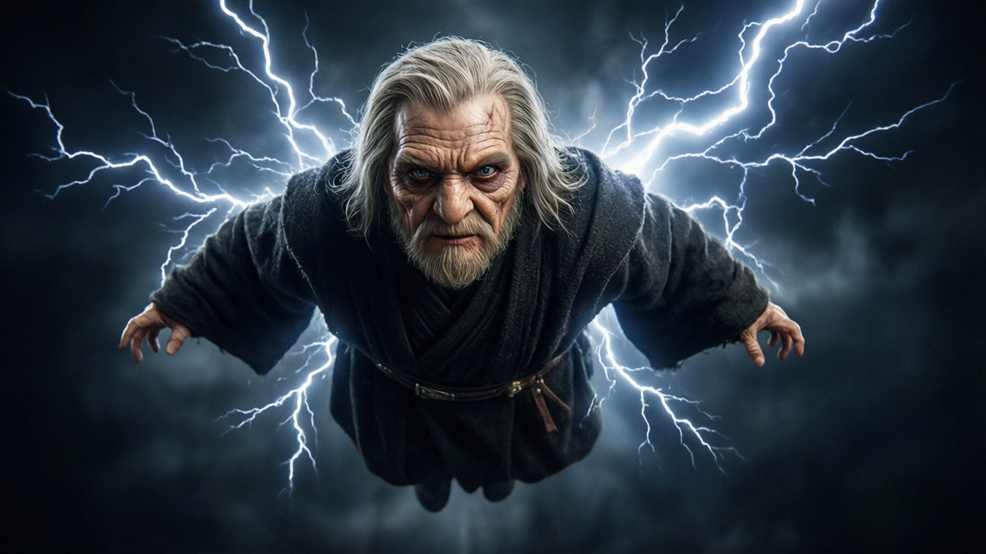 Grev Dooku udløser Force Lightning i et mørkt tomrum, elektrisk energi og truende udtryk