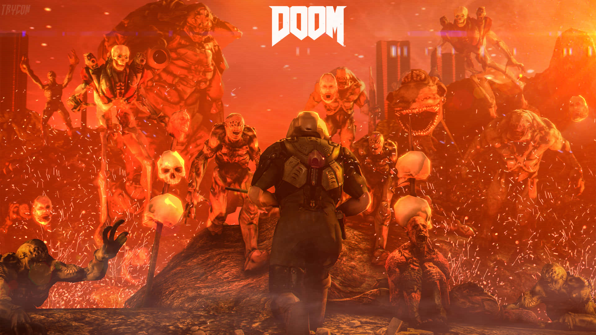 Doom - A Man Standing In Front Of A Group Of Zombies Wallpaper