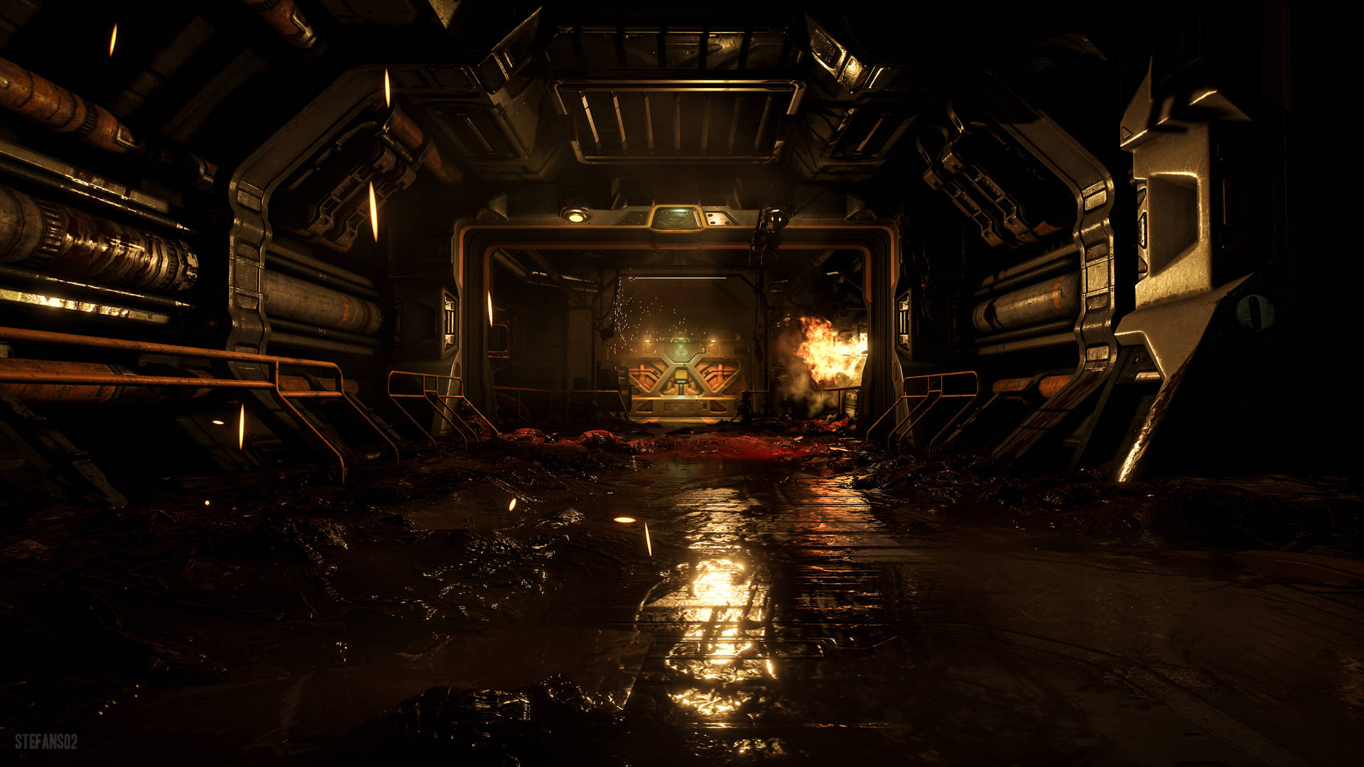 Doom 4K Laboratorium Gang Bagsgrund med Bevægelse Wallpaper
