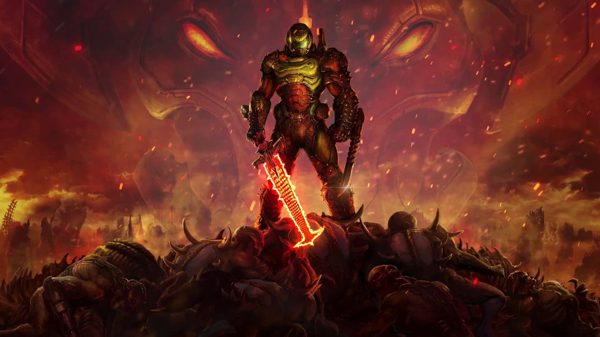 Överlevhelvetets Strider I Det Spännande Fps-spelet Doom Eternal. Wallpaper
