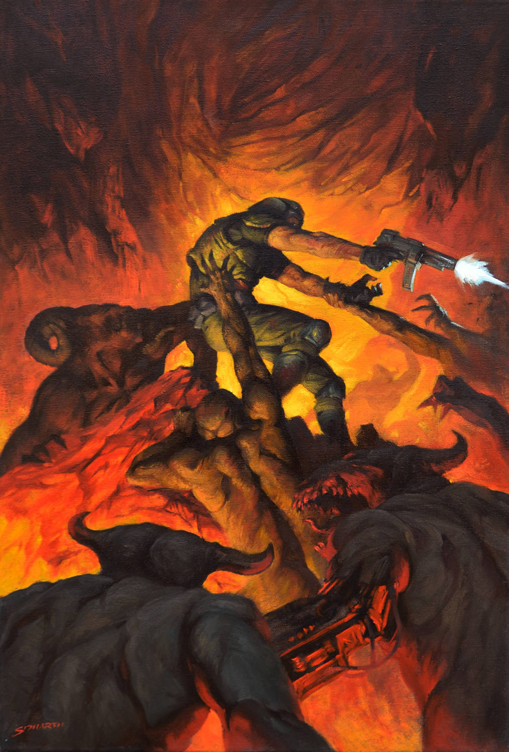 A Painting Of A Man In A Fire With A Sword Wallpaper