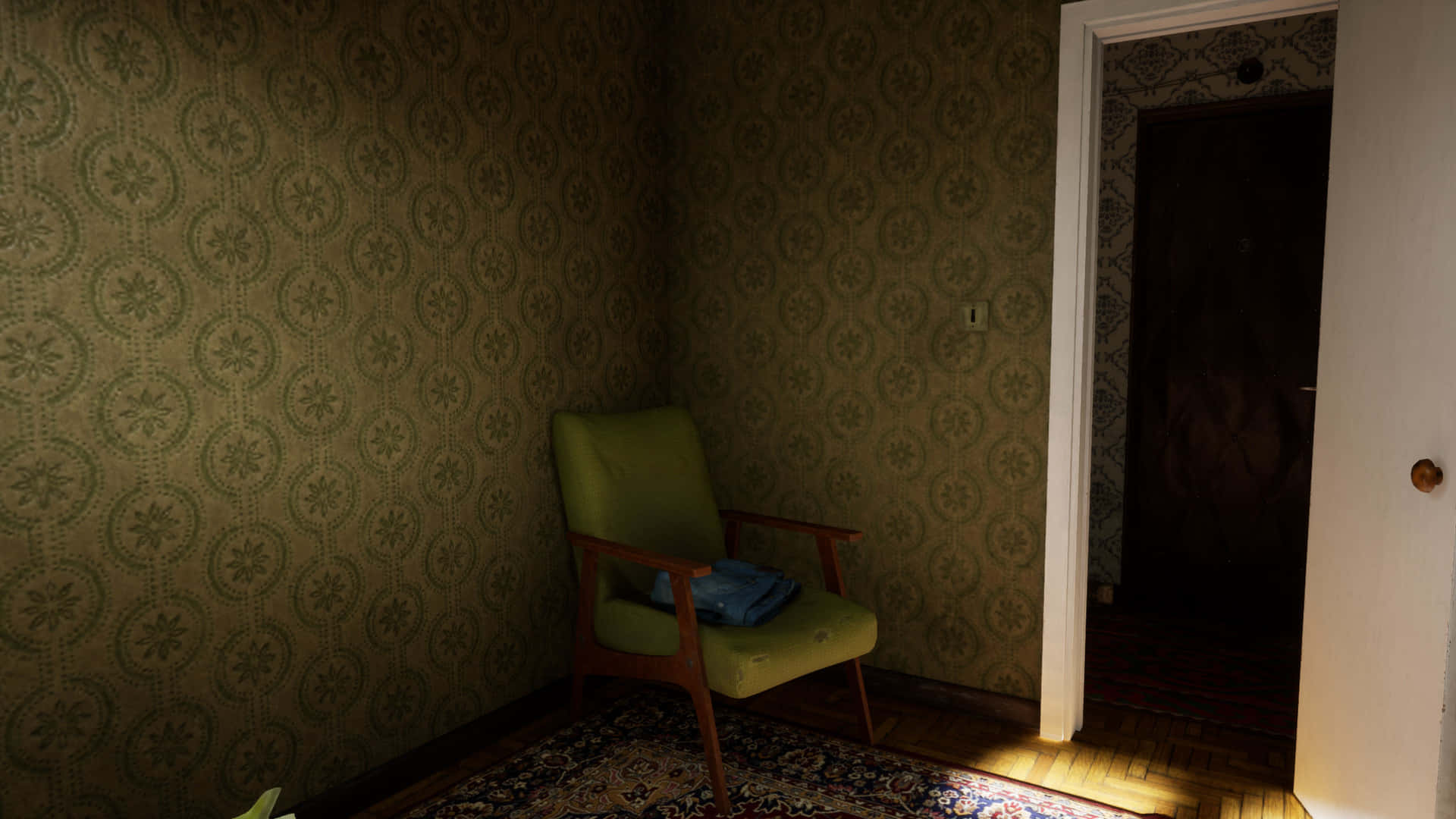 A Room With A Green Chair And A Green Rug Wallpaper