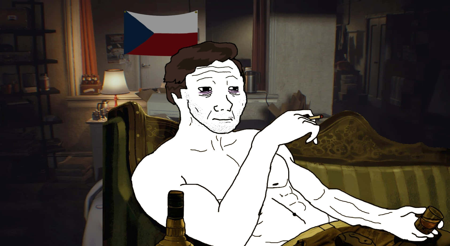 A Cartoon Man Sitting On A Couch With A Bottle Of Wine Wallpaper