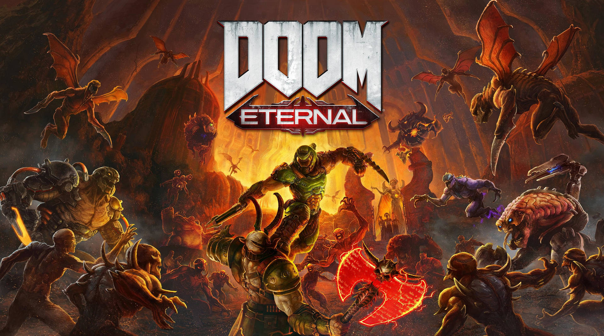 Doomguy Doom Eternal dække i fuld glans. Wallpaper