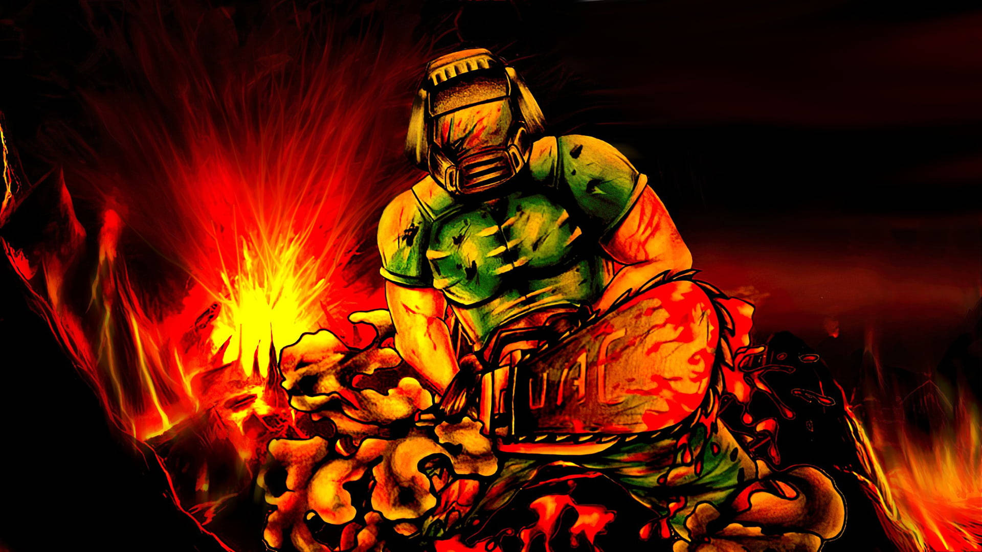 Doomguy Project Brutality Tapetet kommer med et hissigt tema, og intense farver og detaljer. Wallpaper