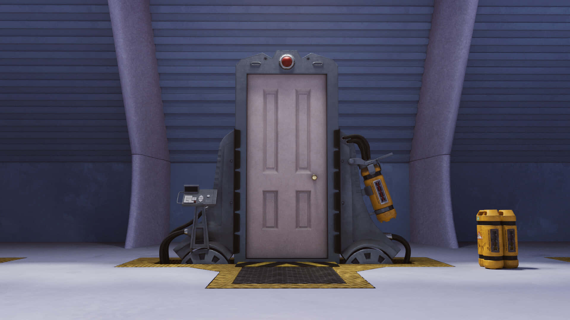 A Door In A Room With A Machine And A Bucket