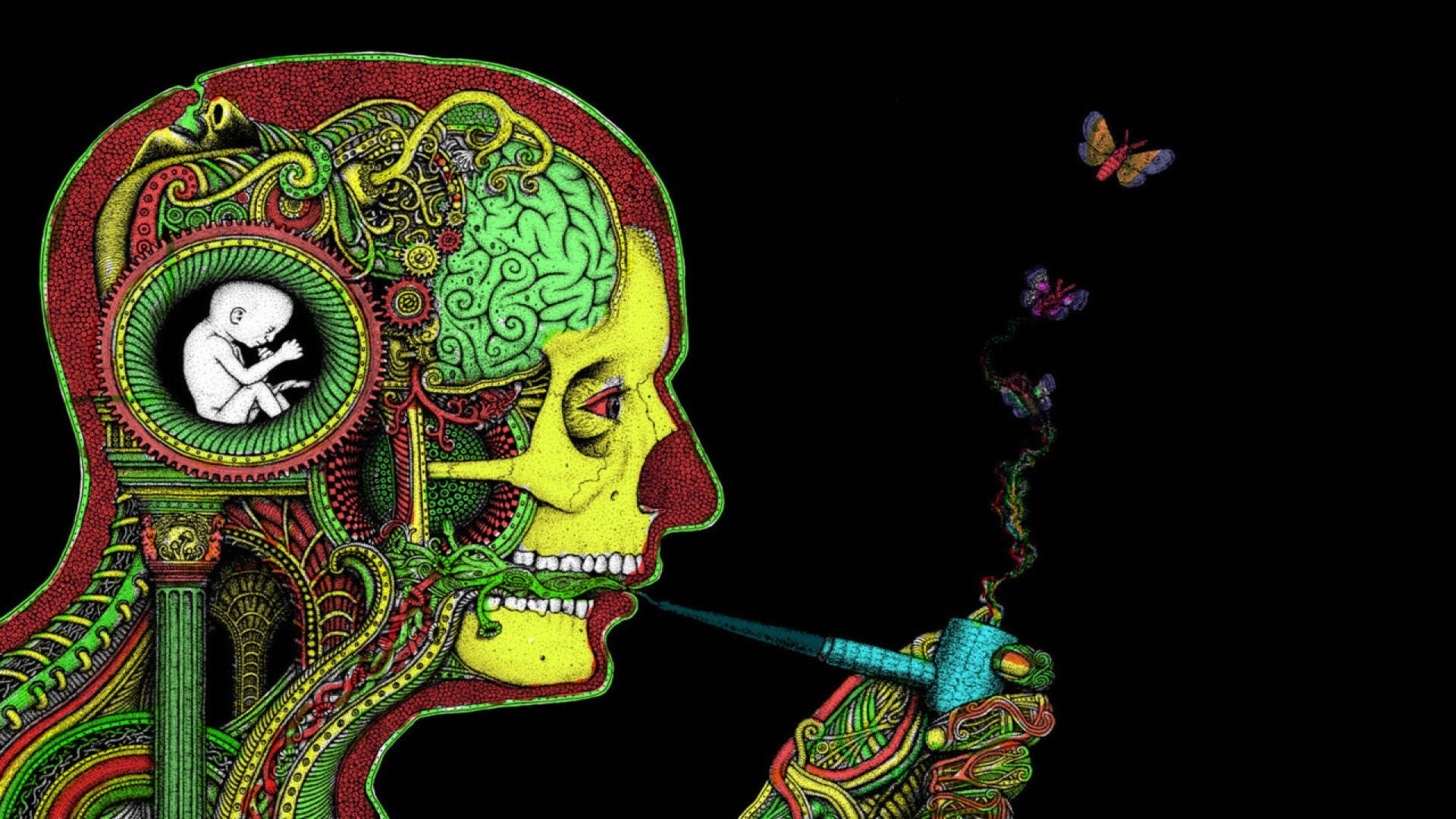 A Man Is Smoking A Cigarette With A Skull And Butterflies Wallpaper