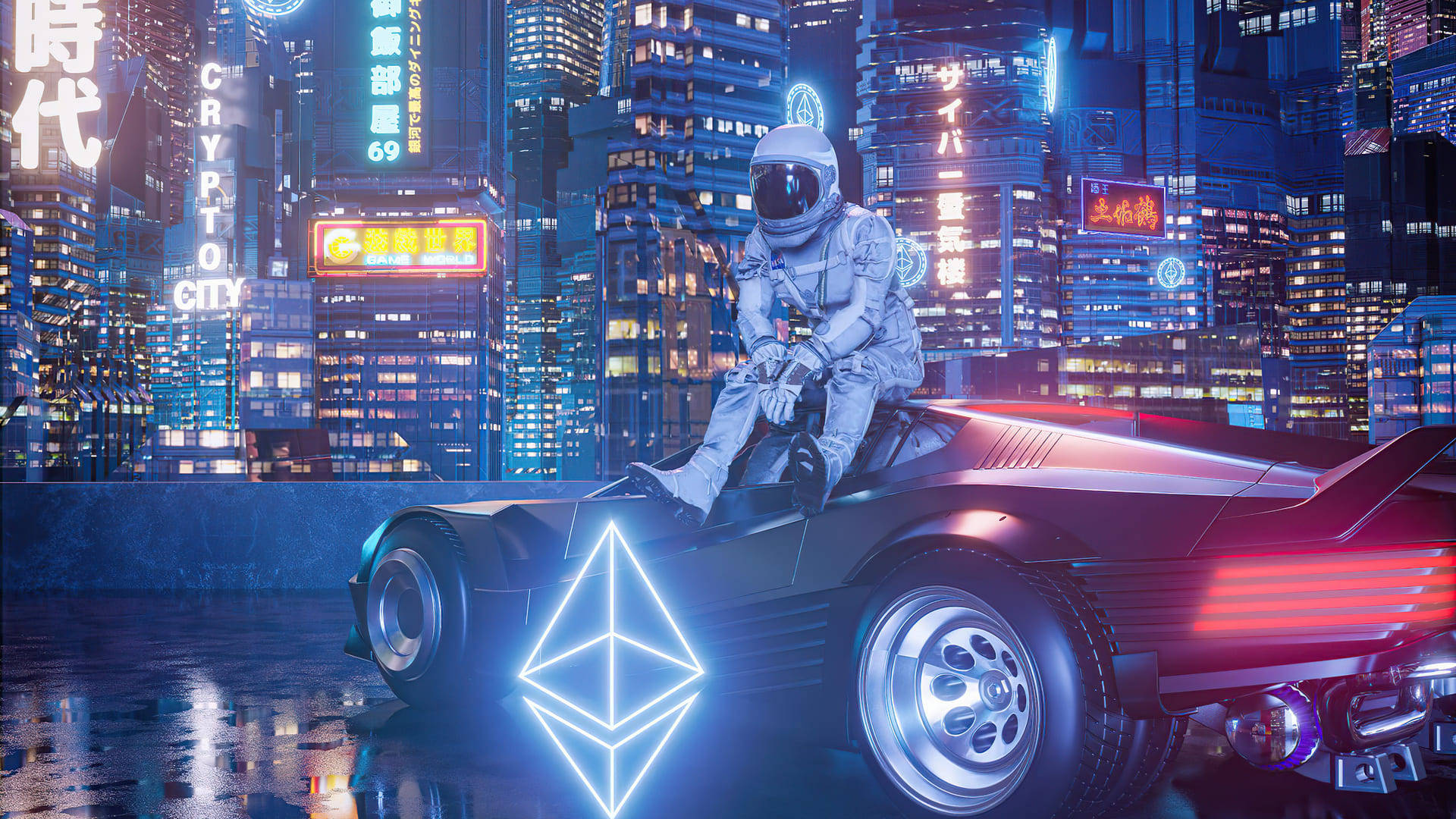A Man In A Futuristic Car Sitting On Top Of A City Wallpaper