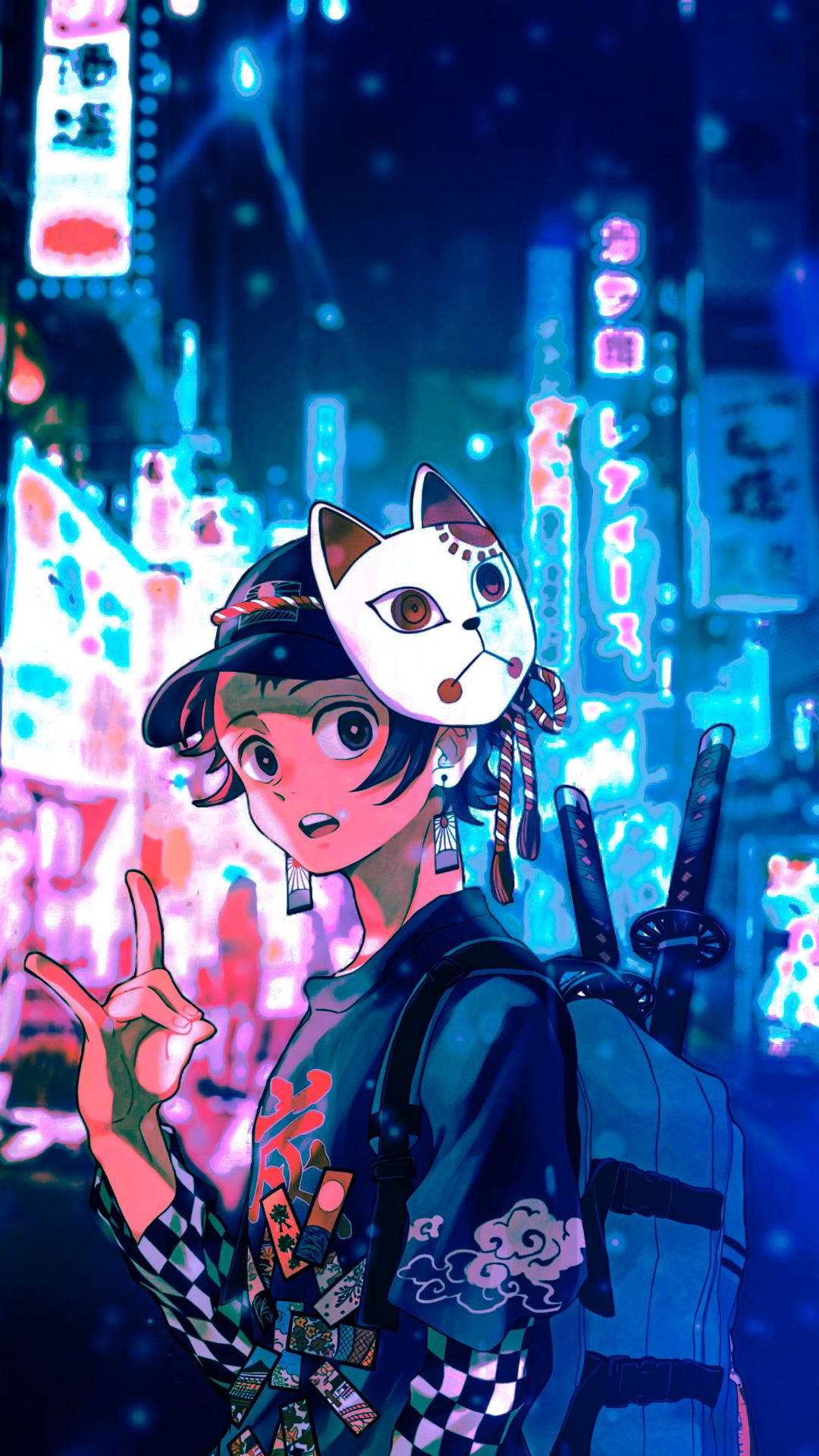 A Girl With A Backpack And A Mask In A City Wallpaper