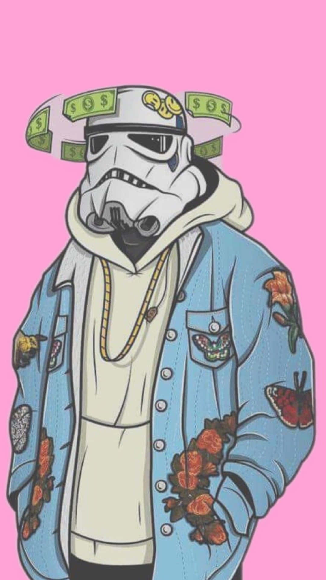 A Stormtrooper Wearing A Jacket And Money
