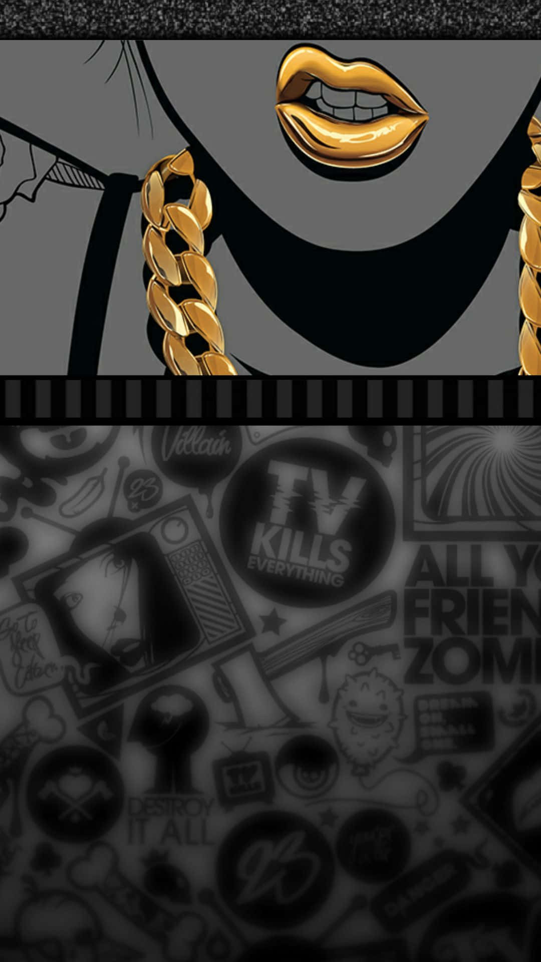 Dope Trippy Black And Gold Lips Background