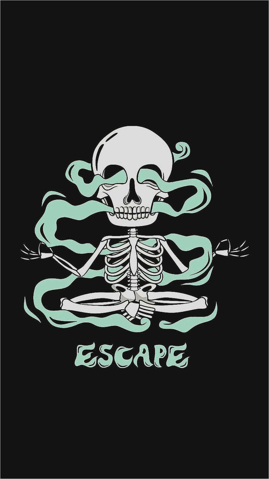 Et skelet i yogastillinger med ordene Escape synlige Wallpaper