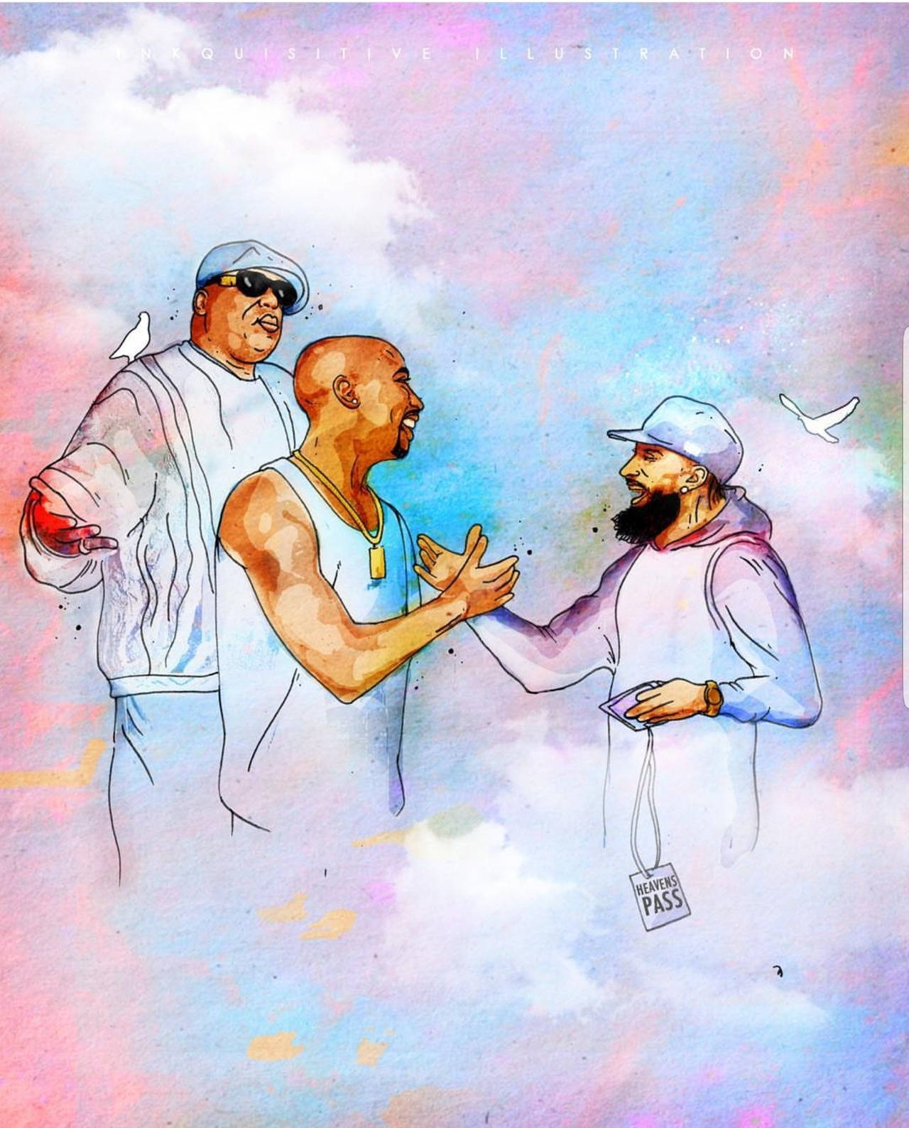 A Drawing Of Three Men In A Blue Sky Wallpaper