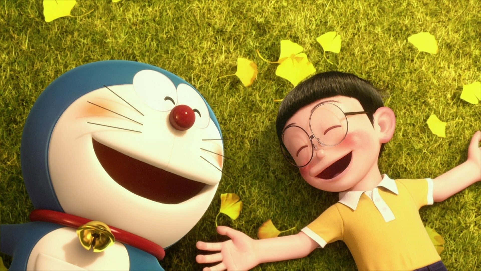 Doraemonein Junge Und Ein Mädchen Liegen Auf Dem Gras.