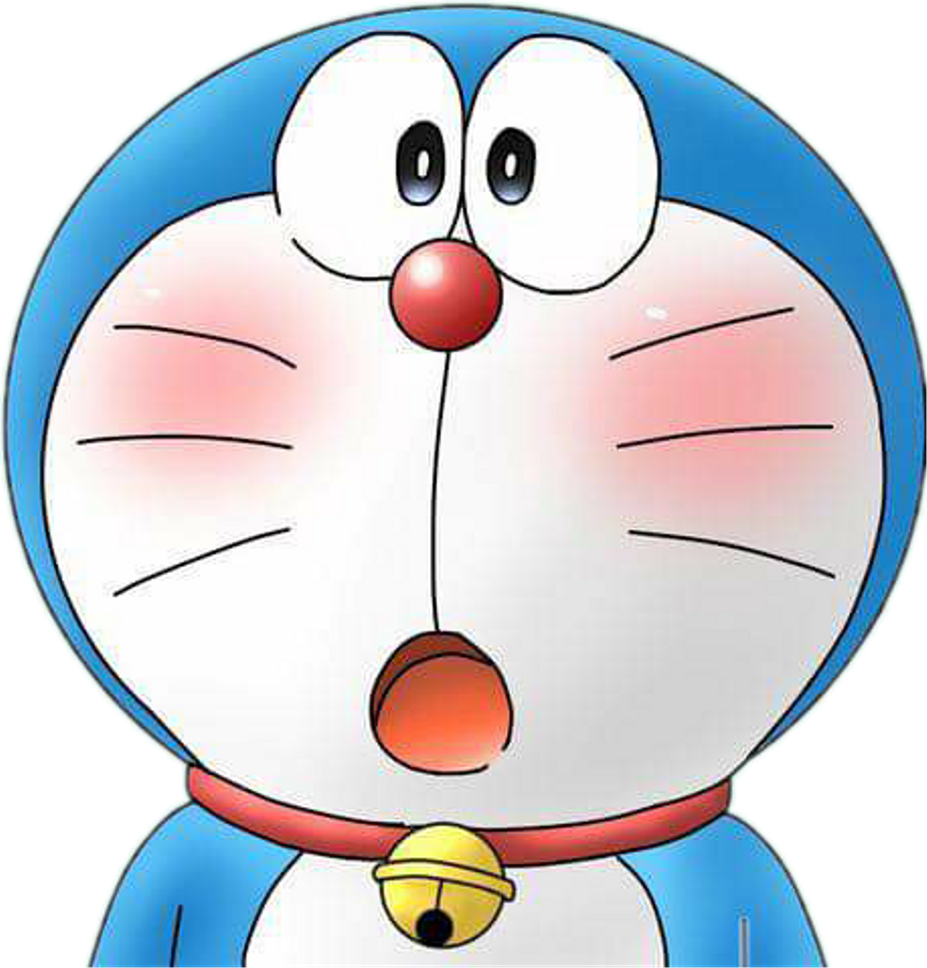 Denelskede japanske robotkat, Doraemon Baggrunde — En overrasket tegneserie robotkat med en blå hætte, rød næse og gul klokkekrave.