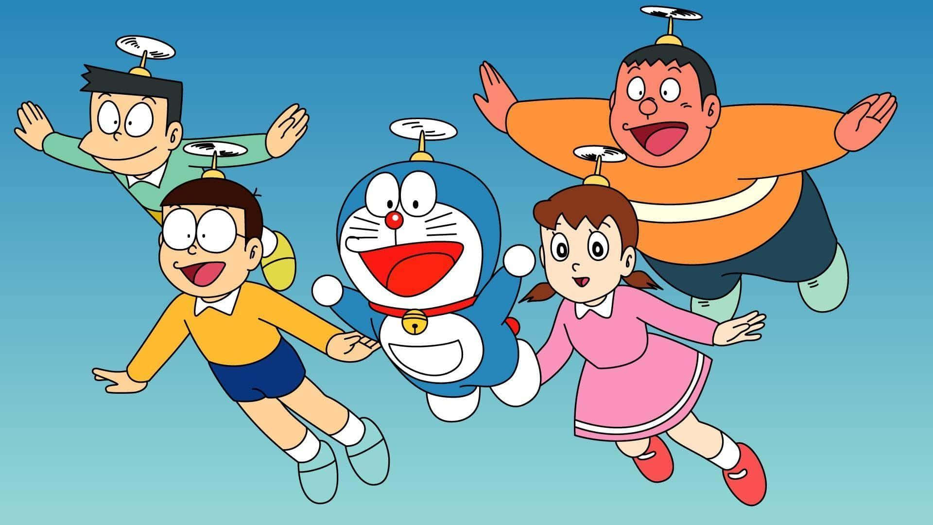 Doraemonsteht In Einem Blumenfeld.