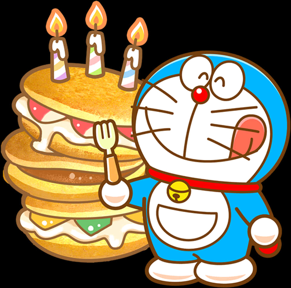 Doraemon Celebratingwith Pancake Cake PNG