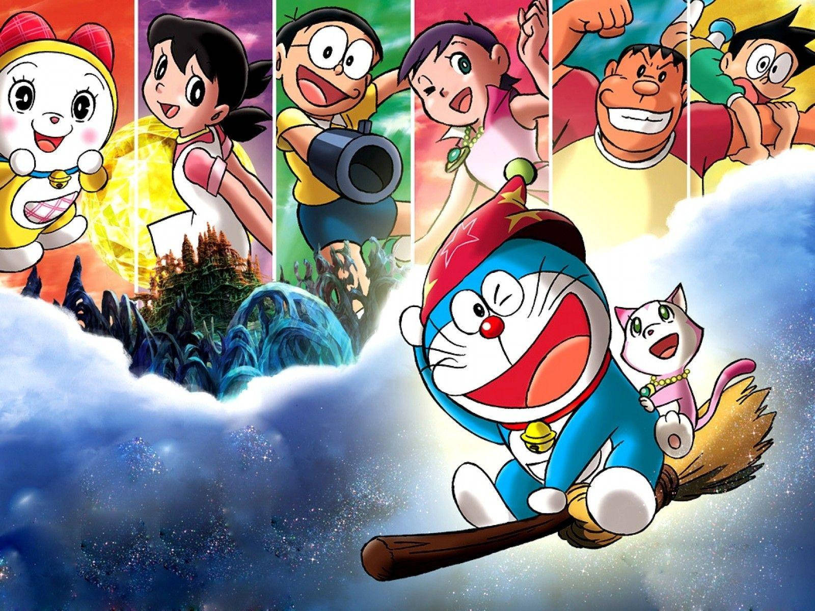 Doraemon Flying With Broomstick Background
