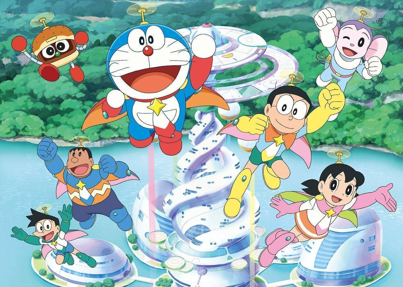 Doraemon Flying With Friends Background