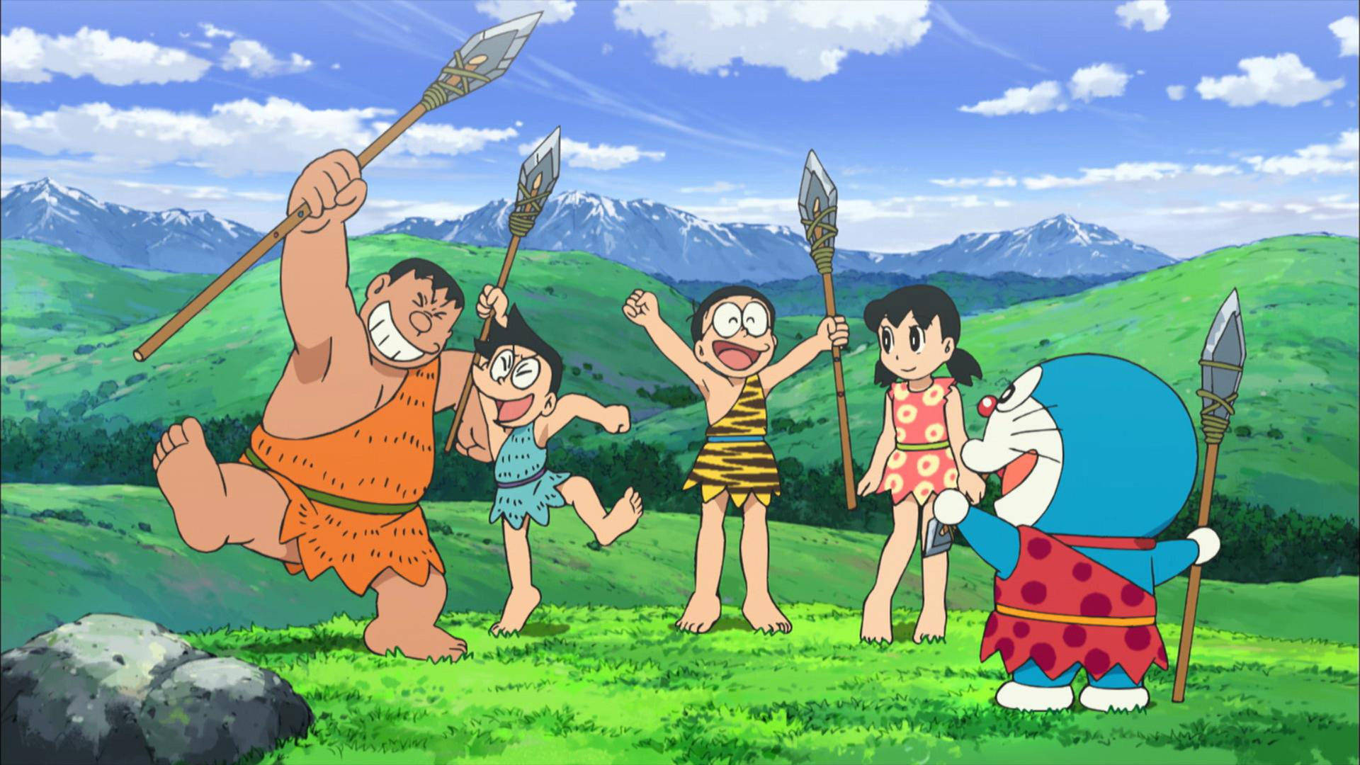 Doraemon Och Nobita Tribal Outfits Wallpaper