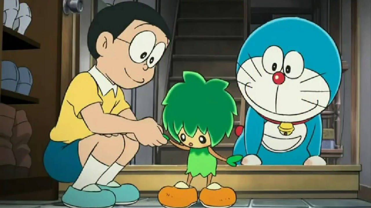 Doraemon Og Nobita Grøn Plante Wallpaper