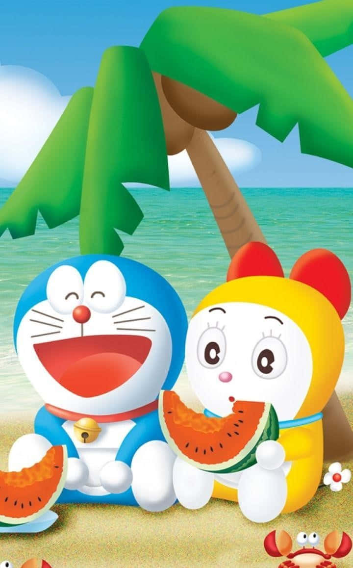 Doraemonoch En Vattenmelon På Stranden