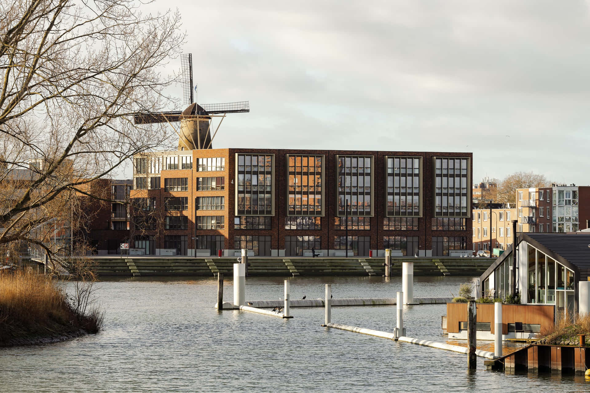 Dordrecht Waterfrontwith Windmill Wallpaper