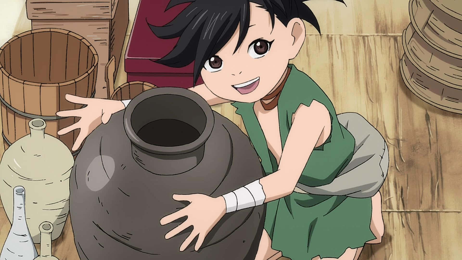 A Girl Is Kneeling Down Next To A Large Pot