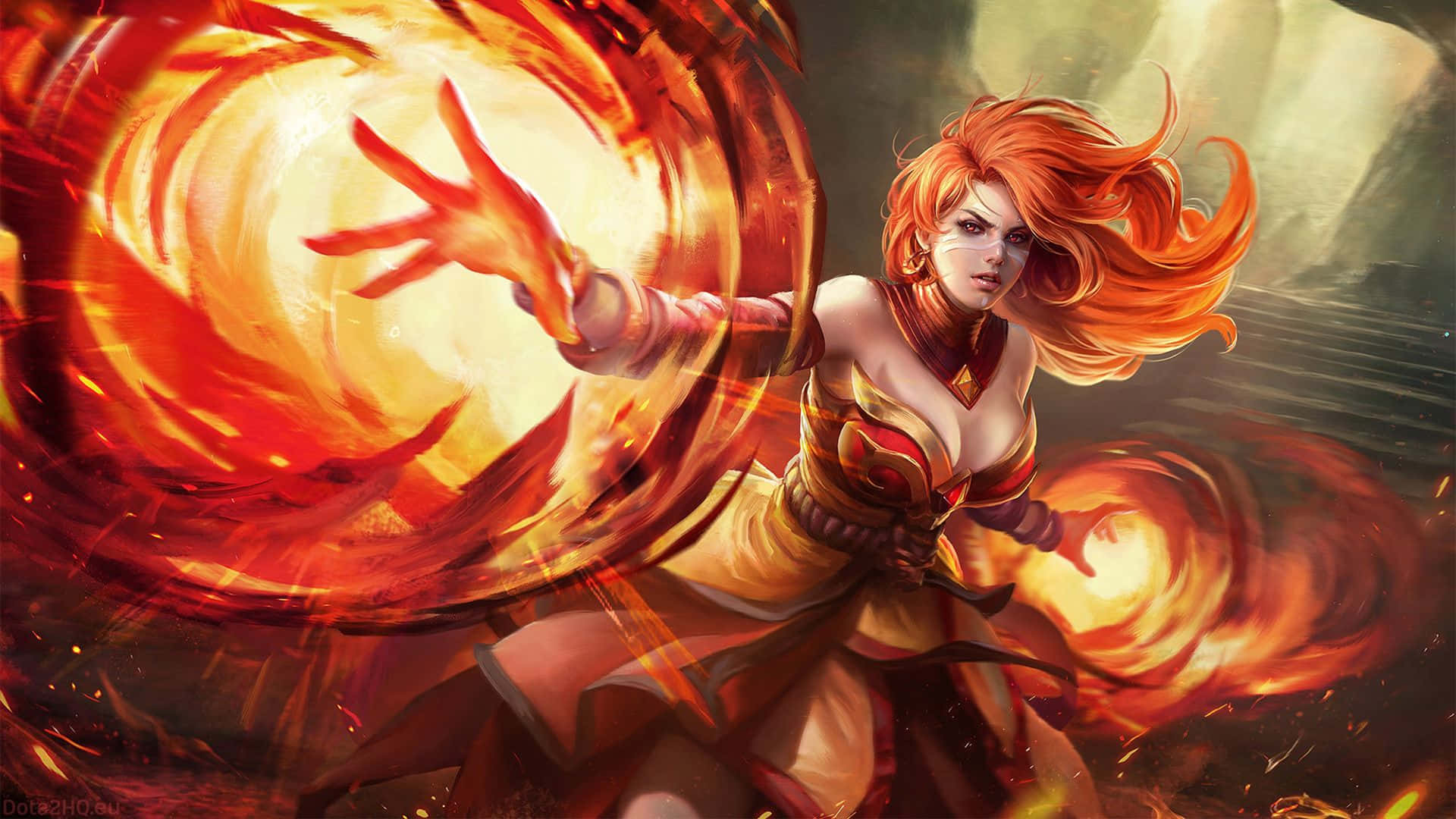 Fiery mage Lina casting spells in Dota 2. Wallpaper