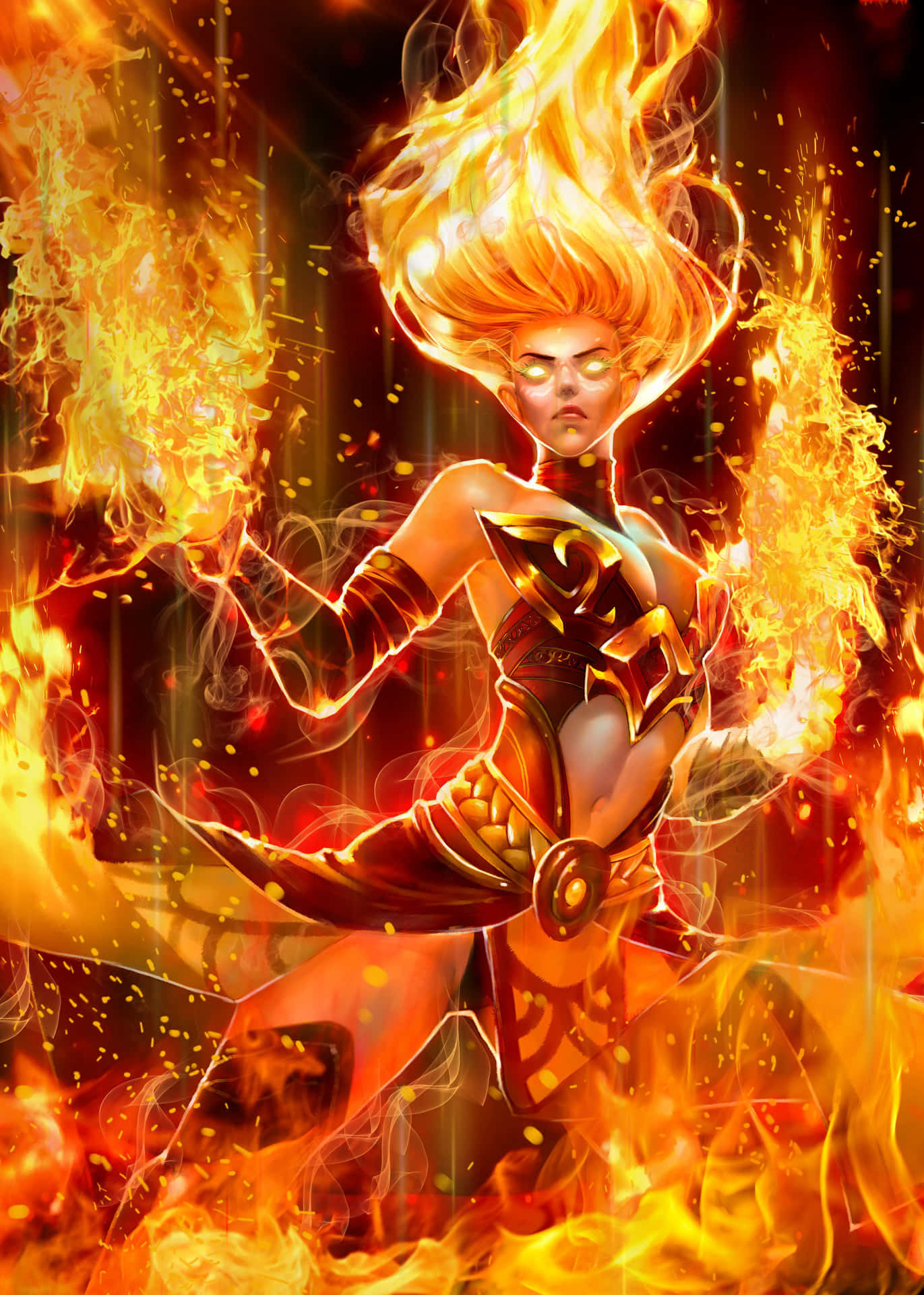 Lina, the fiery mage of Dota 2, unleashes her fiery spells on the battlefield. Wallpaper