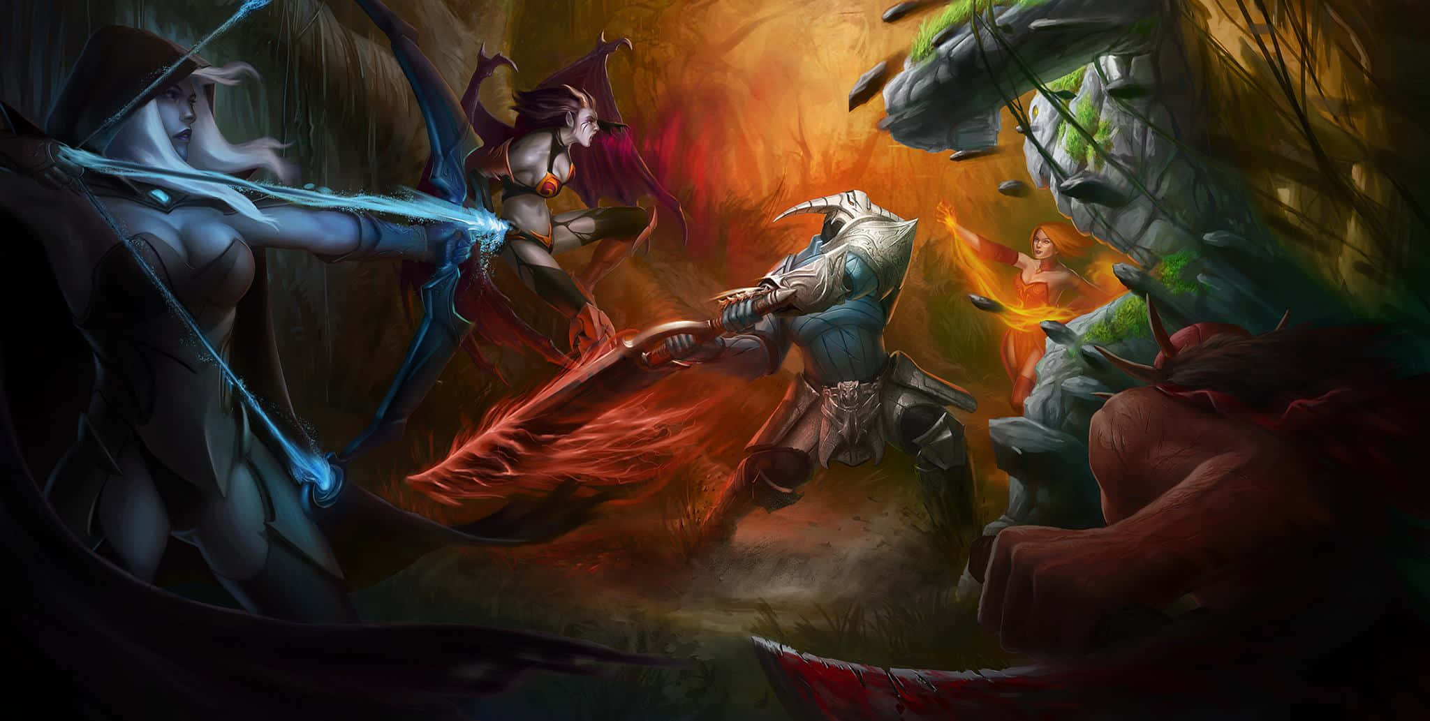 A stunning Dota 2 gaming background featuring iconic heroes.