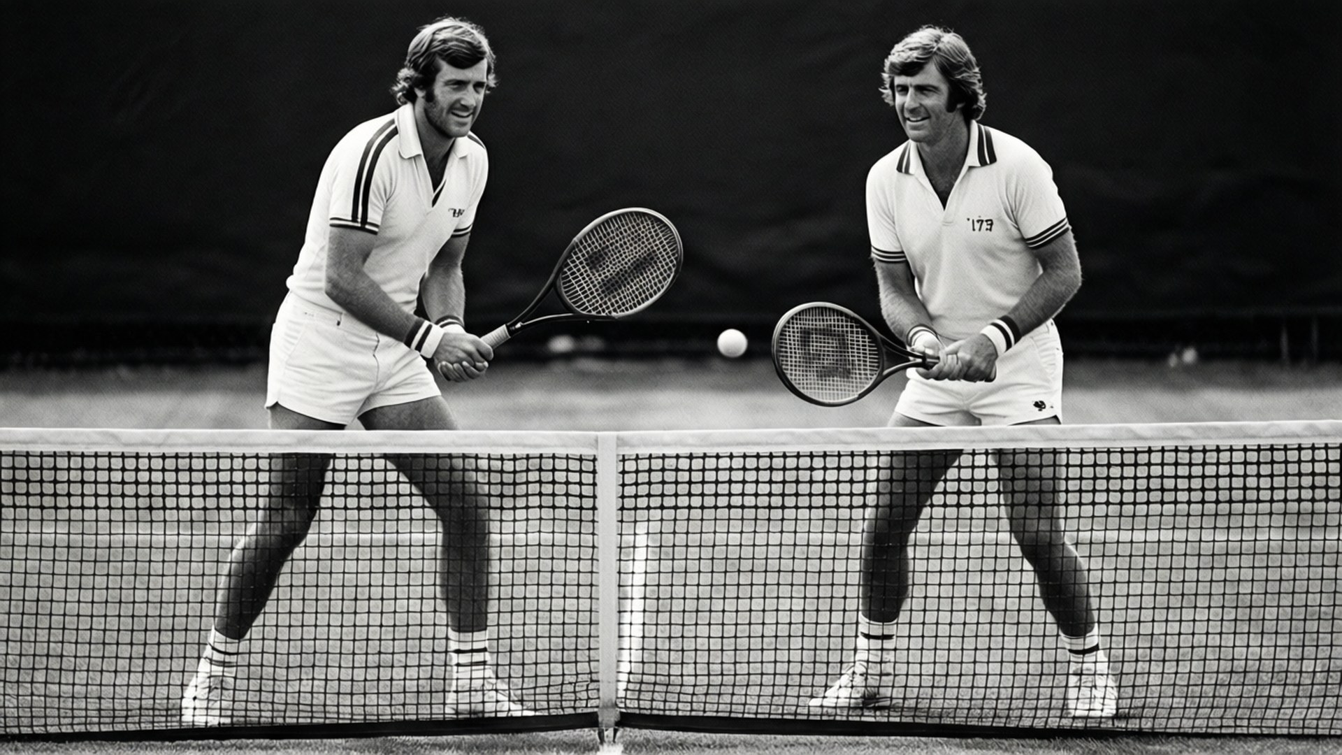 Tony Roche dan Rod Laver di net pada tahun 1977, gaya vintage hitam putih.