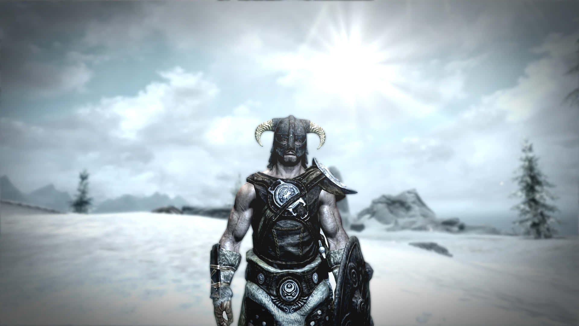 Dovahkiin in action amidst the stunning landscape of Skyrim Wallpaper