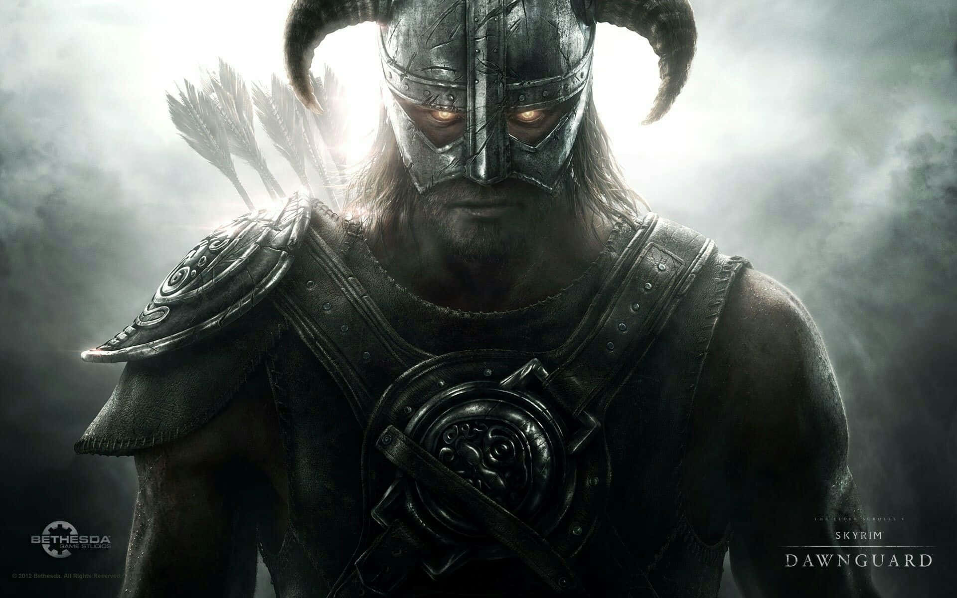 The Dovahkiin, Dragonborn warrior, harnessing the power of the Thu'um against a mighty foe Wallpaper