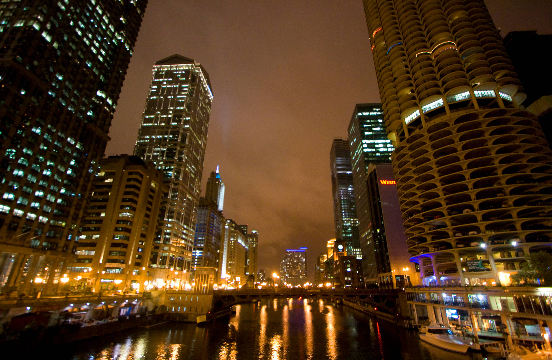 Downtown Chicago River At Night Wallpaper
