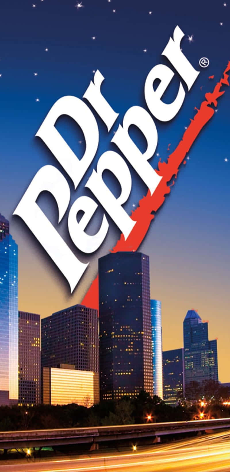 Logode Dr Pepper Con Un Horizonte De La Ciudad Fondo de pantalla