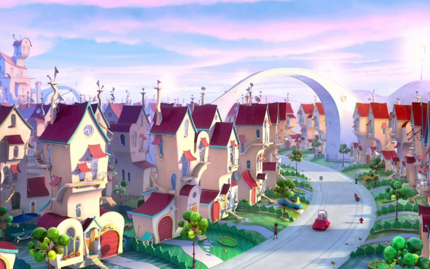 A Cartoon City With Many Houses And A Bridge Wallpaper