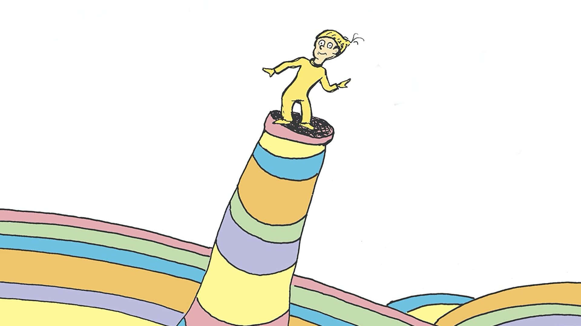 A Cartoon Character Standing On Top Of A Rainbow Colored Tower