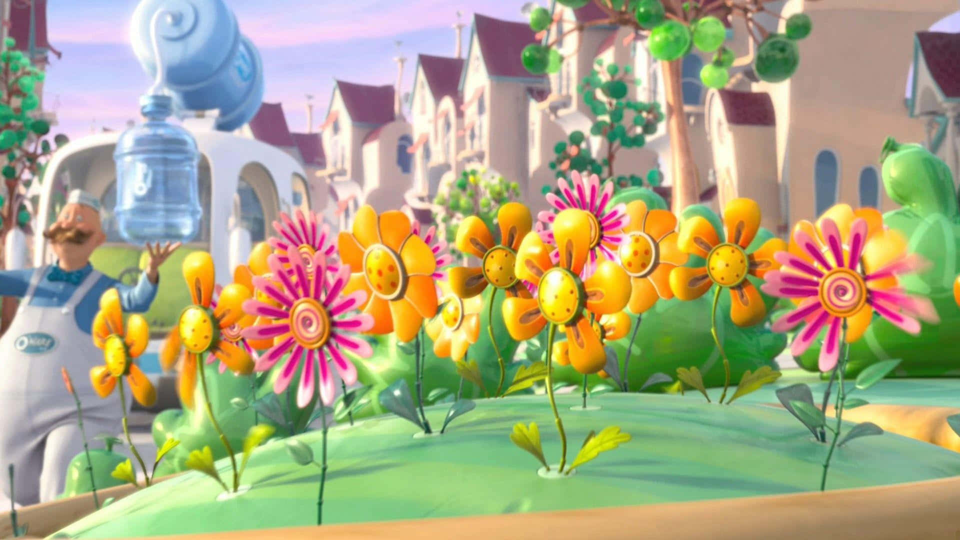 A Cartoon Character Is Standing In Front Of Flowers