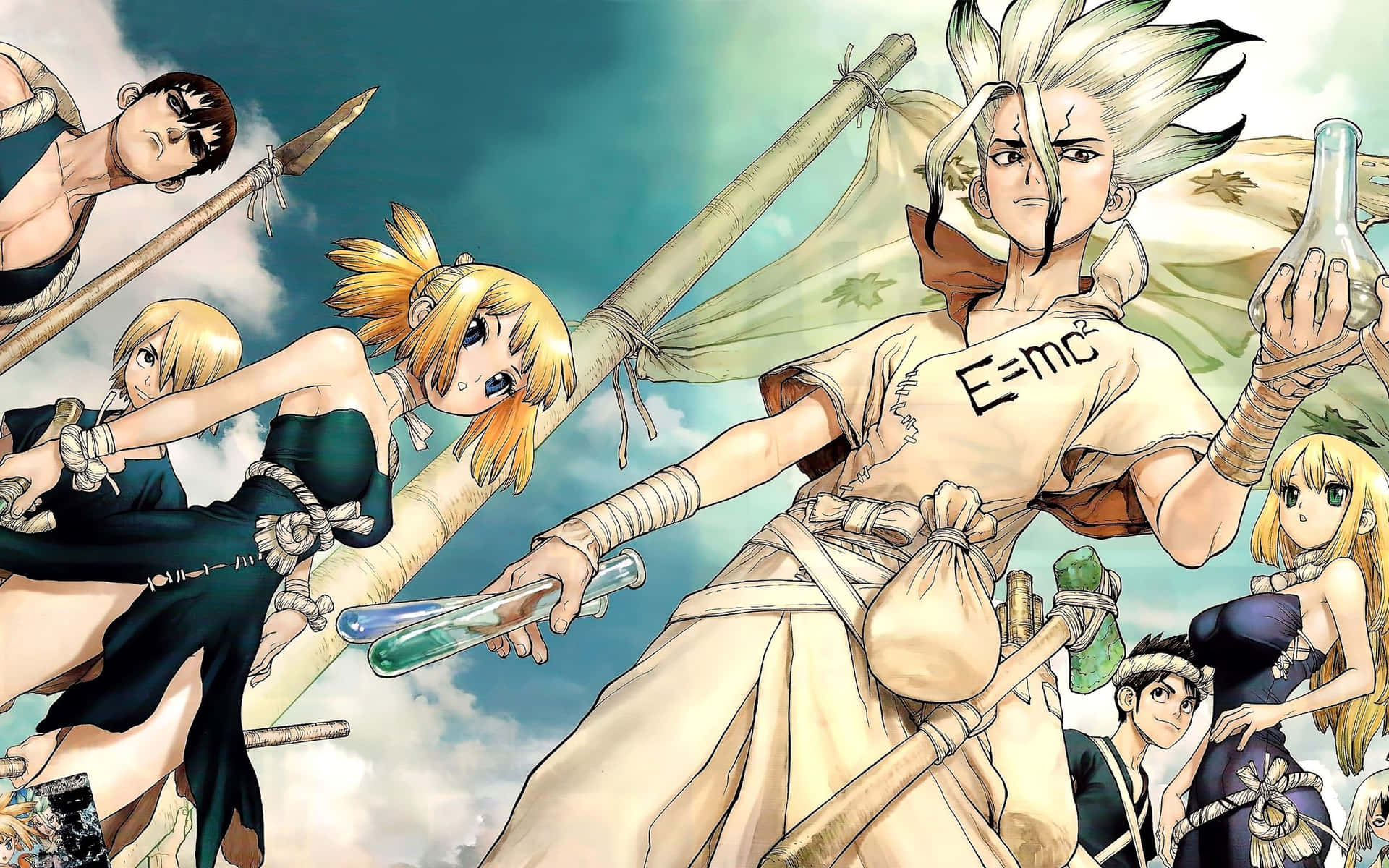 Image  Senku and his friends explore a petrified world in the series Dr. Stone