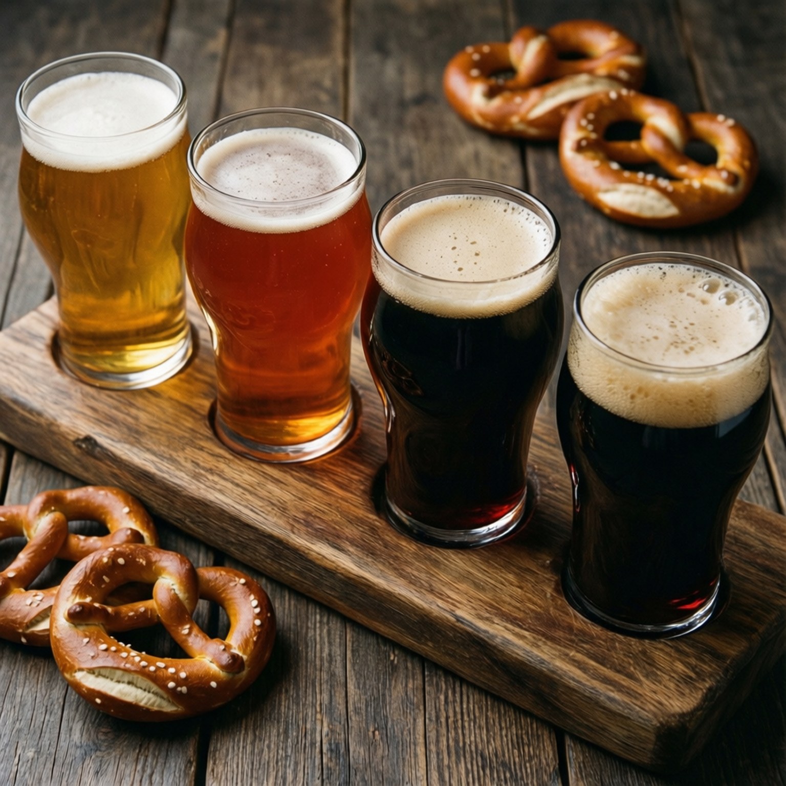 A selection of four draft beers on a wooden board