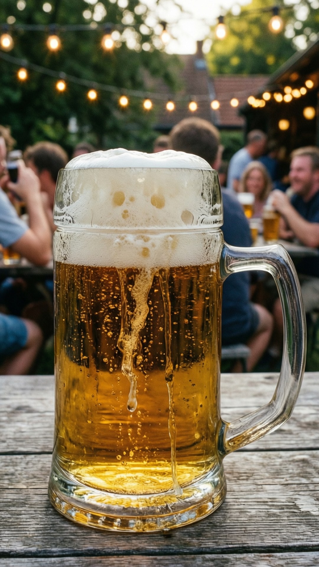 A handled stein of beer in a beer garden at dusk