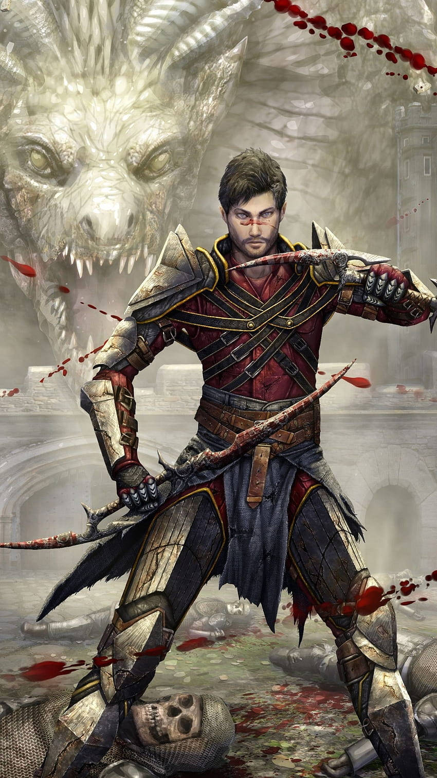 A Man With A Sword And A Dragon In Front Of Him Wallpaper