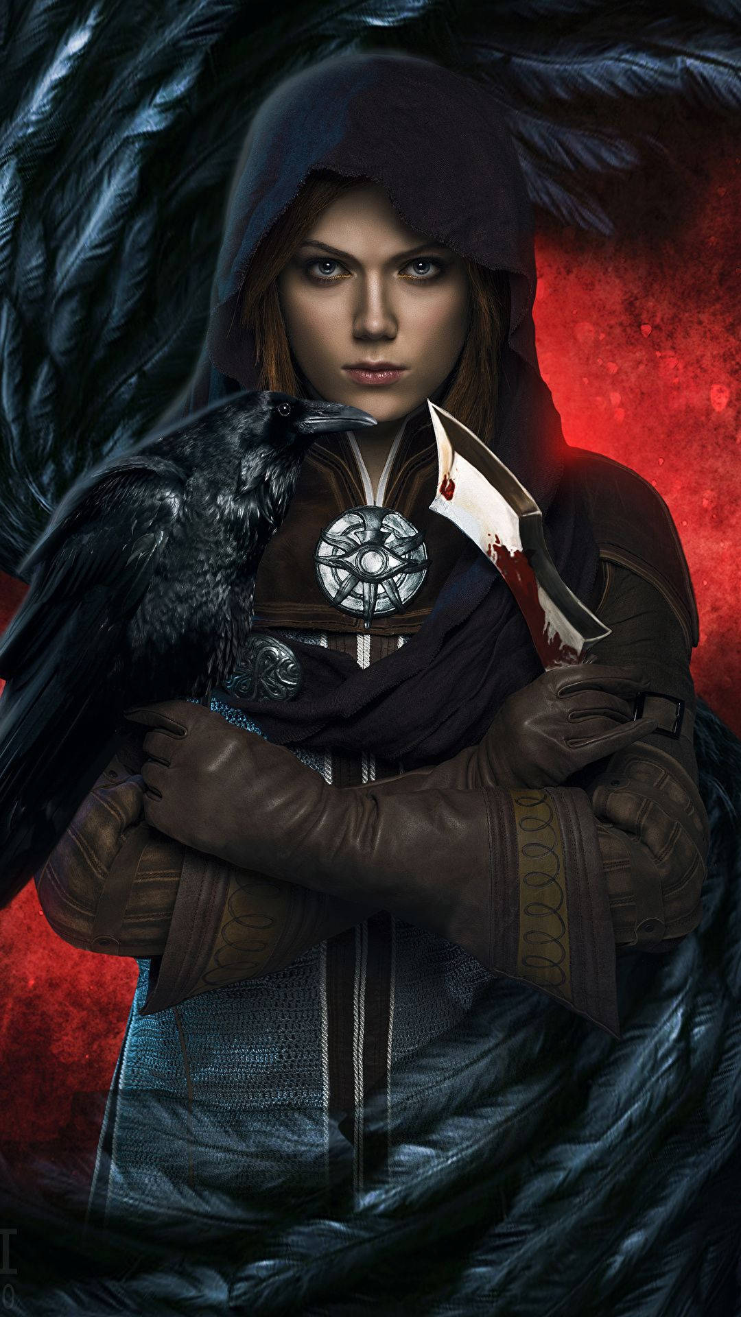 A Woman Holding A Crow And A Knife Wallpaper